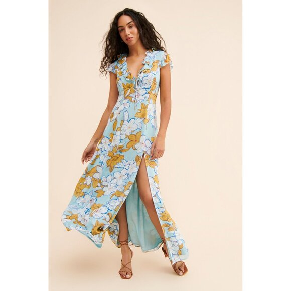Free People Rays for Days Floral Chiffon Maxi Dress Blue Womens Size Large - Picture 1 of 9